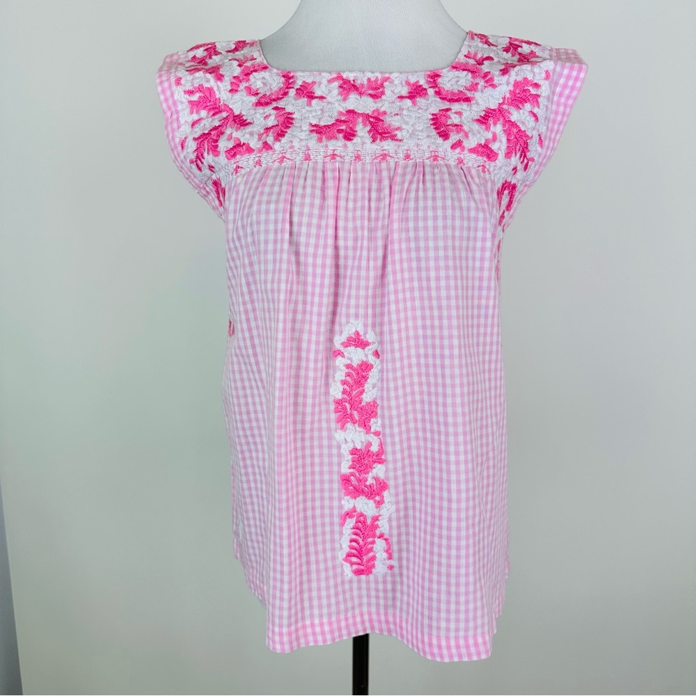 Pink and White Embroidered Women's Top
